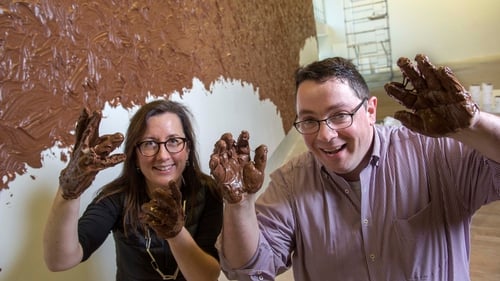 Fiona Kearney, Director of The Glucksman, and Prof John Cryan check out Thomas Rentmeister's Nutella painting