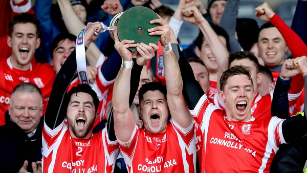 Cuala's Oisin Gough, David Treacy and Paul Schutte lift the Leinster trophy