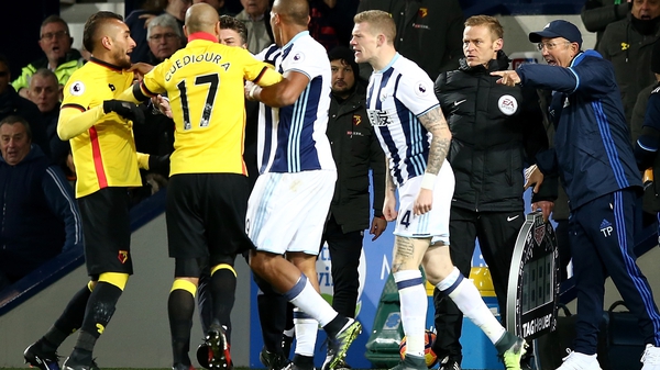 Roberto Pereyra of Watford and James McClean of West Bromwich Albion clash