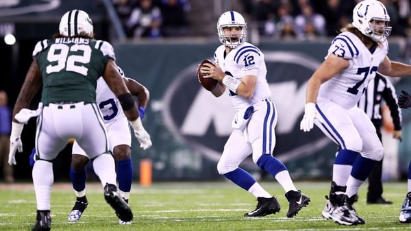 Andrew Luck (12) of the Indianapolis Colts looks to pass against the New York Jets