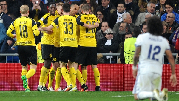 Dortmund players celebrate their second goal against Madrid