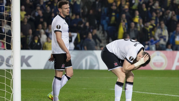 Brian Gartland (R) and Andy Boyle react after Dundalk go behind