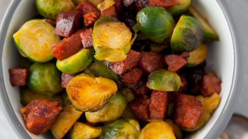 Try Kevin Dundon's Brussels Sprouts with cranberries, caramelised chorizo & bread this Christmas!