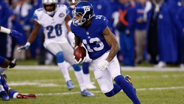 Odell Beckham Junior of the New York Giants carries the ball against the Detroit Lions