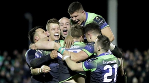 Connacht players celebrate with winning goal kicker Jack Carty
after their dramatic defeat of Wasps