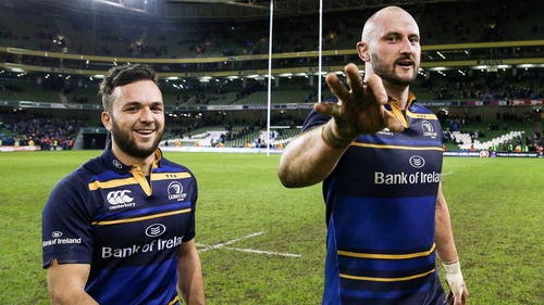 Hayden Triggs (R) with Leinster's Jamison Gibson-Park after the Champions Cup defeat of Northampton Saints