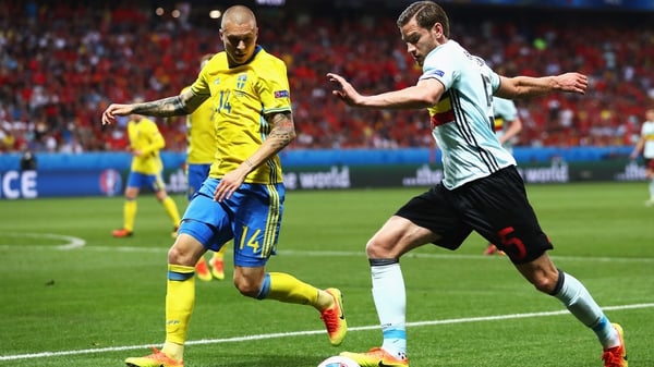 Victor Lindelof (left) pressures Jan Vertonghen of Belgium playing for Sweden at Euro 2016
