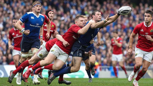 Leinster's Robbie Henshaw is tackled by Munster's Rory Scannell at the Aviva Stadium back in October