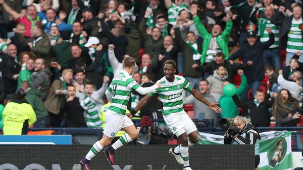 Moussa Dembele celebrates scoring Celtic's first goal with Leigh Griffiths during the Betfred Cup semi-final against Rangers in October