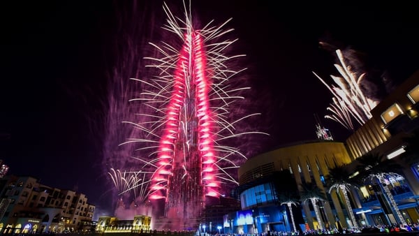 Fireworks explode from the Burj Khalifa, the world's tallest tower, in Dubai