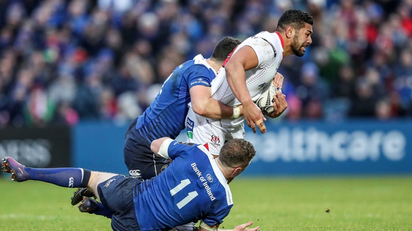 Ulster try-scorer Charles Piutau is tackled by Noel Reid and Rory O'Loughlin