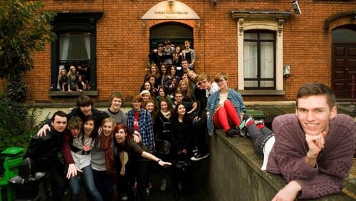 Dublin Youth Theatre members assemble outside the DYT house on Gardener Street.