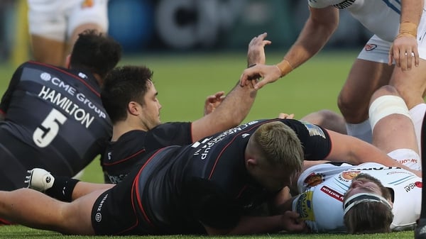 Geoff Parling of Exeter Chiefs lays on the ground injured