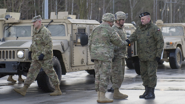 US soldiers pictured during a welcome ceremony at the Polish-German border in Olszyna, Poland