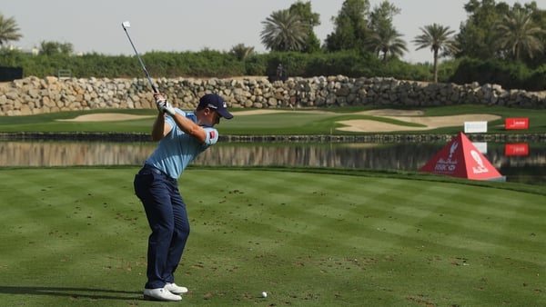 Paul Dunne playing into the 12th hole during his third round in Abu Dhabi