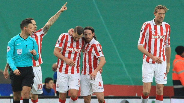 Erik Pieters, Joe Allen and Peter Crouch following Stoke's opener