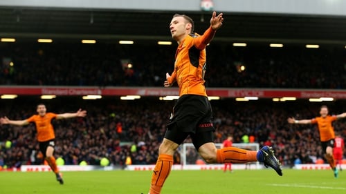 Andreas Weimann celebrates his goal at Anfield