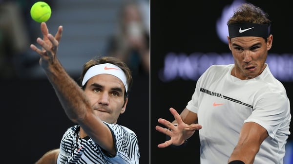 Rafael Nadal (r) leads Roger Federer 8-2 in their head-to-head record on outdoor hardcourts