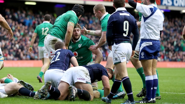 Iain Henderson is congratulated after scoring his second half try for Ireland