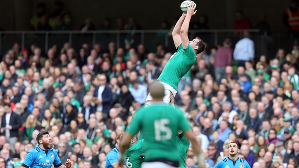 Toner soars to claim a lineout in the 2016 Six Nations win over Italy