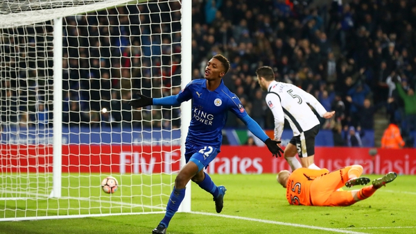 Demarai Gray celebrates after scoring of Leicester City's third goal