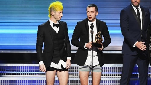 Twenty One Pilots' Tyler Joseph and Josh Dun accepting their Grammy in their undies