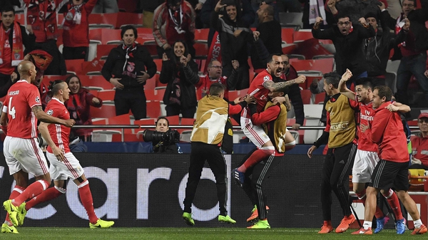 Konstantinos Mitroglou celebrates his goal at Estadio da Luz
