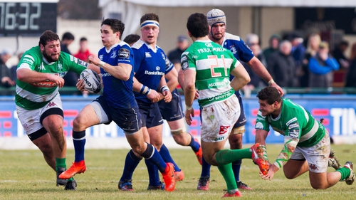 Leinster's Joey Carbery runs in a try against Treviso