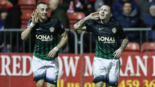 Dylan Connolly joins goalscorer Gary McCabe in celebration as Bray took a two-goal lead at Richmond Park