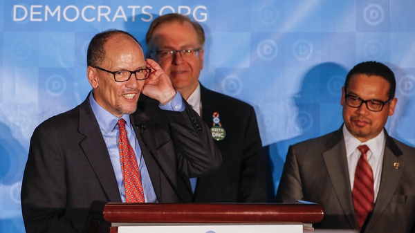Newly elected DNC Chair Tom Perez (L) pictured with newly selected vice-chair Keith Ellison (R) during the Democratic National Committee (DNC) Winter Meeting in Atlanta, Georgia