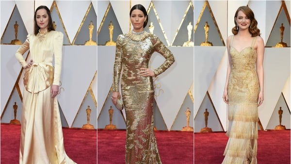 A palette of silver and gold was on full display at this year's Oscars. Celebrities shimmered in pale gold gowns and shone in silver sequins on the red carpet. Emma Stone, Jessica Biel and Dakota all rocked the eye-catching trend.