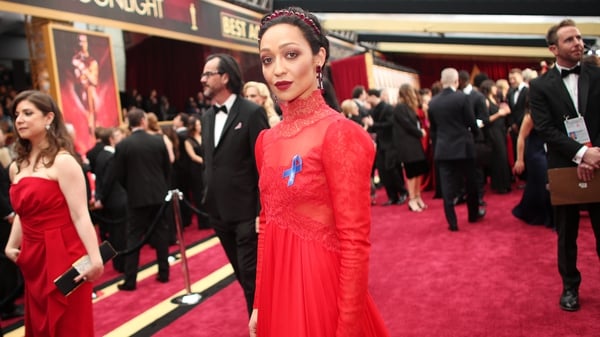 Ruth Negga wore a blue ACLU ribbon as she walked the red carpet