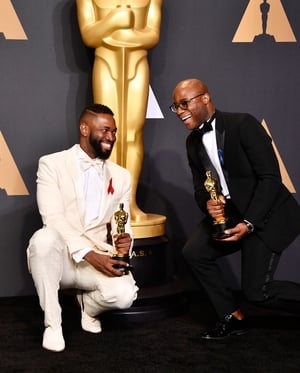 Screenwriter Tarell Alvin McCraney and writer/director Barry Jenkins, winners of Best Adapted Screenplay for Moonlight