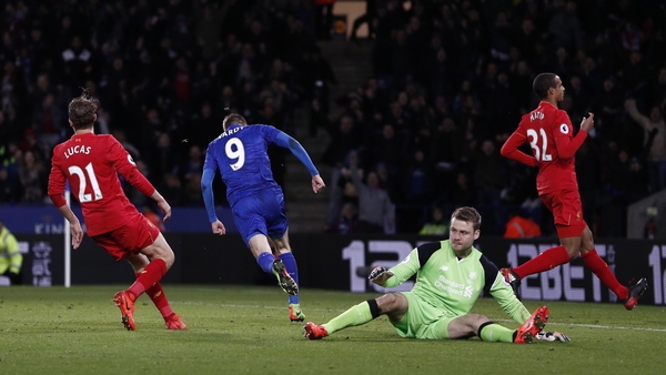 Jamie Vardy scores Leicester's opener against Liverpool