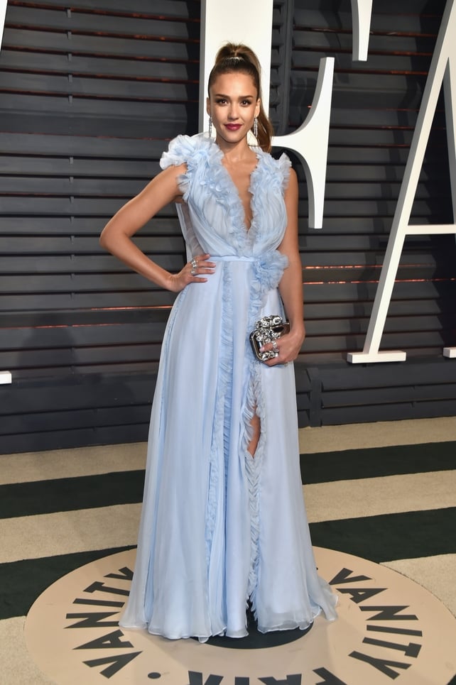 Jessica Alba wore light blue ruffles from Ralph & Russo.