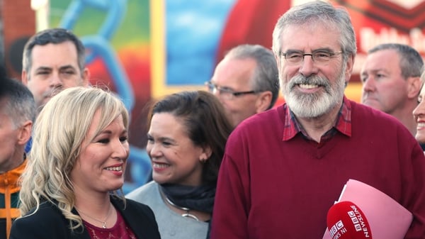 Michelle O'Neill, leader of Sinn Féin in Northern Ireland, with Sinn Féin President Gerry Adams outside the party headquarters in Belfast today