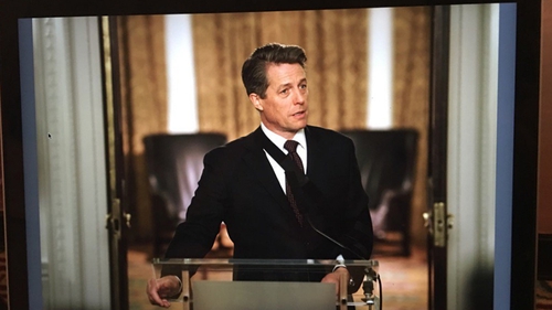 Hugh Grant is still the Prime Minister in the Love Actually catch-up for Red Nose Day. Pic: Twitter/EmmaFreud