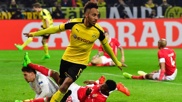 Pierre-Emerick Aubameyang celebrates scoring the last goal of the night in Dortmund