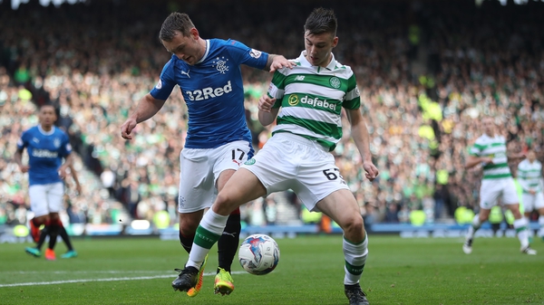 Lee Hodson (L) of Rangers vies with Kieran Tierney during the Betfred Cup semi-final last October