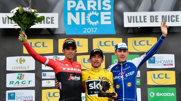 Paris-Nice 2017 winner Sergio Henao (C), second-placed Alberto Contador (L) and third-placed Daniel Martin