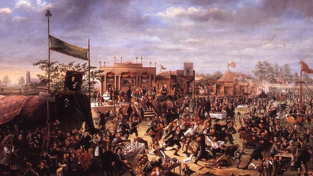A colourful painting showing Donnybrook Fair in the 19th century