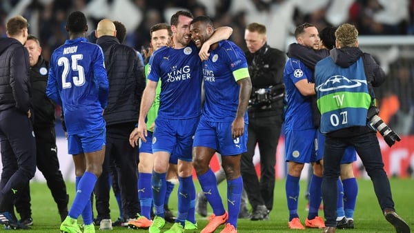 Leicester players celebrate the win over Sevilla