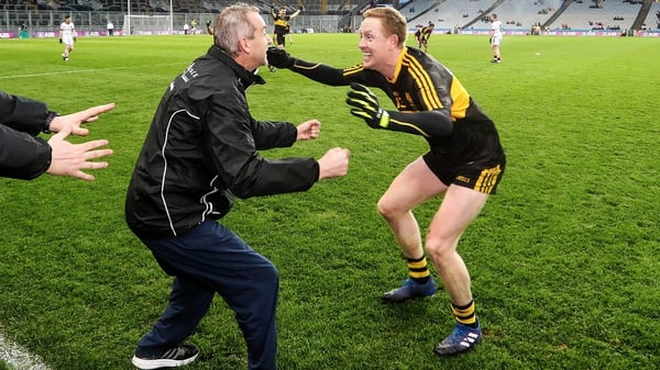 Cooper celebrates with Crokes manager Pat O'Shea after the final whistle at Croke Park