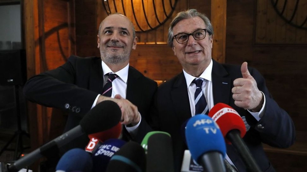 Racing 92 president Jacky Lorenzetti (R) and Stade Francais Paris president Thomas Savare (L) pictured at the announcement of the now cancelled merger