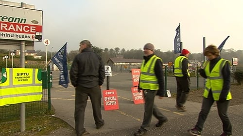 Bus Éireann workers protest outside the station in Letterkenny, Donegal