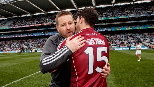 Kildare boss Cian O'Neill congratulates Galway's Sean Armstrong after the Division 2 final