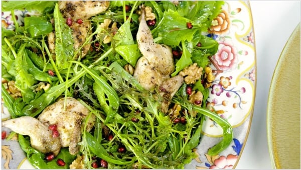 Grilled Lightly Spiced Quail with Pomegranate and Walnut Salad.