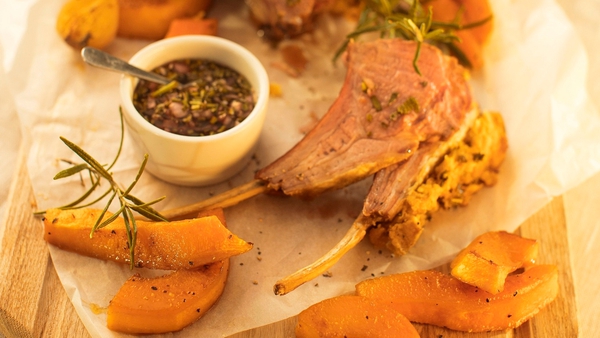 Catherine Fulvio's Rack of Lamb with Mint Shallot and Red Wine Vinegar Dressing served with Roasted Butternut Squash Cumin Wedges