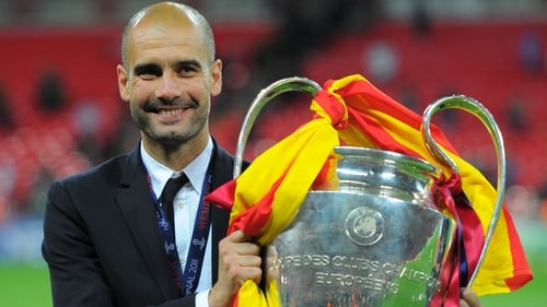 Image result for guardiola with champions league trophy