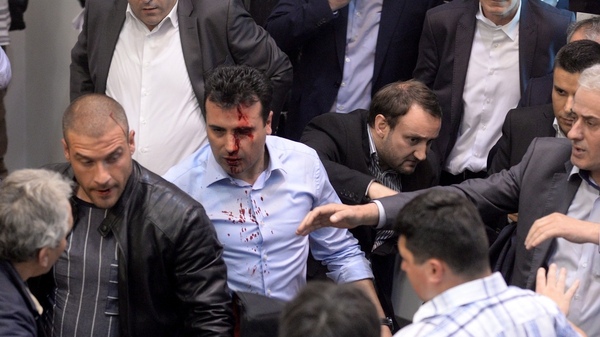 Live television footage showed Social Democratic leader Zoran Zaev with blood trickling from one side of his forehead